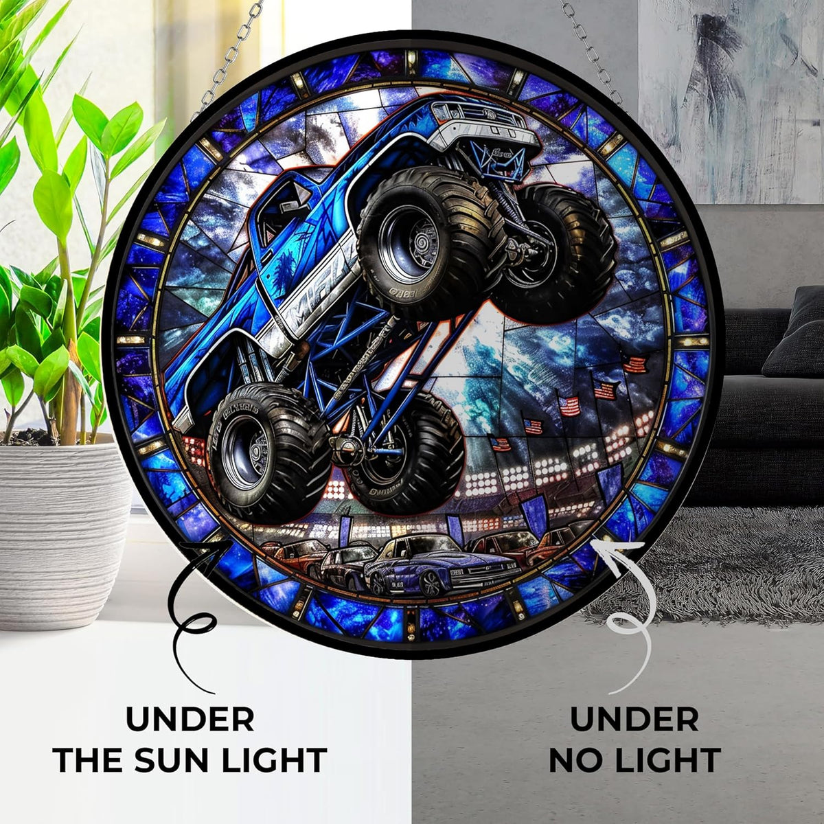 Monster Truck Stained Glass Window Hanging Window Suncatcher 12" Glass Panel with Metal Chain and