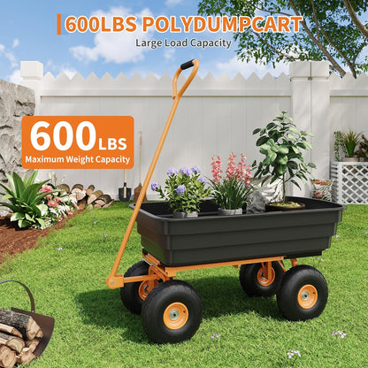 4 Cu.Ft. 600Lbs Garden Cart Dump Wagon, Heavy-Duty 4 Wheel Wheelbarrow Yard Cart with 10-Inch