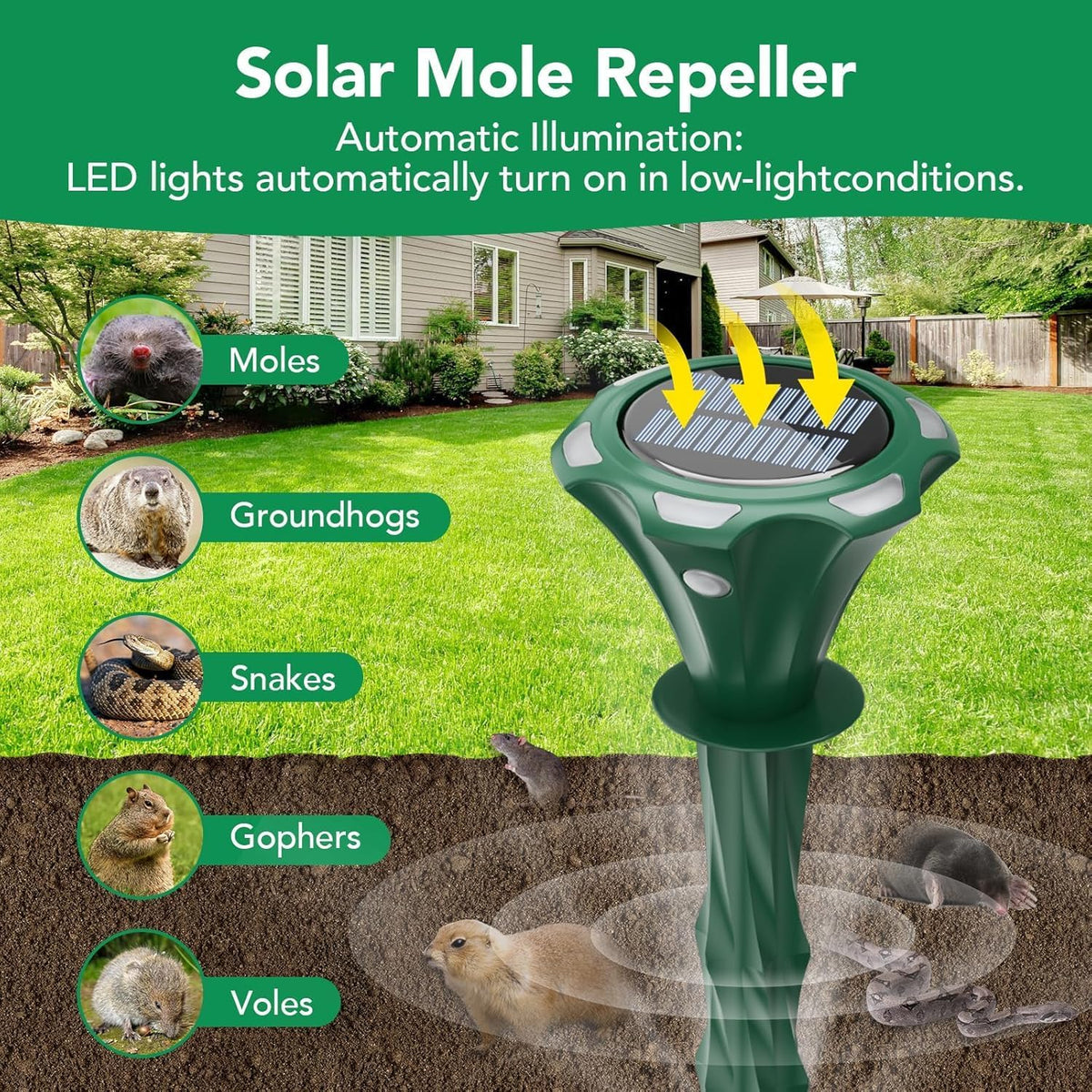 Mole Repellent Solar Powered, 2 Pack Snake Repellent for Yard Waterproof Motion Detection LED Flash