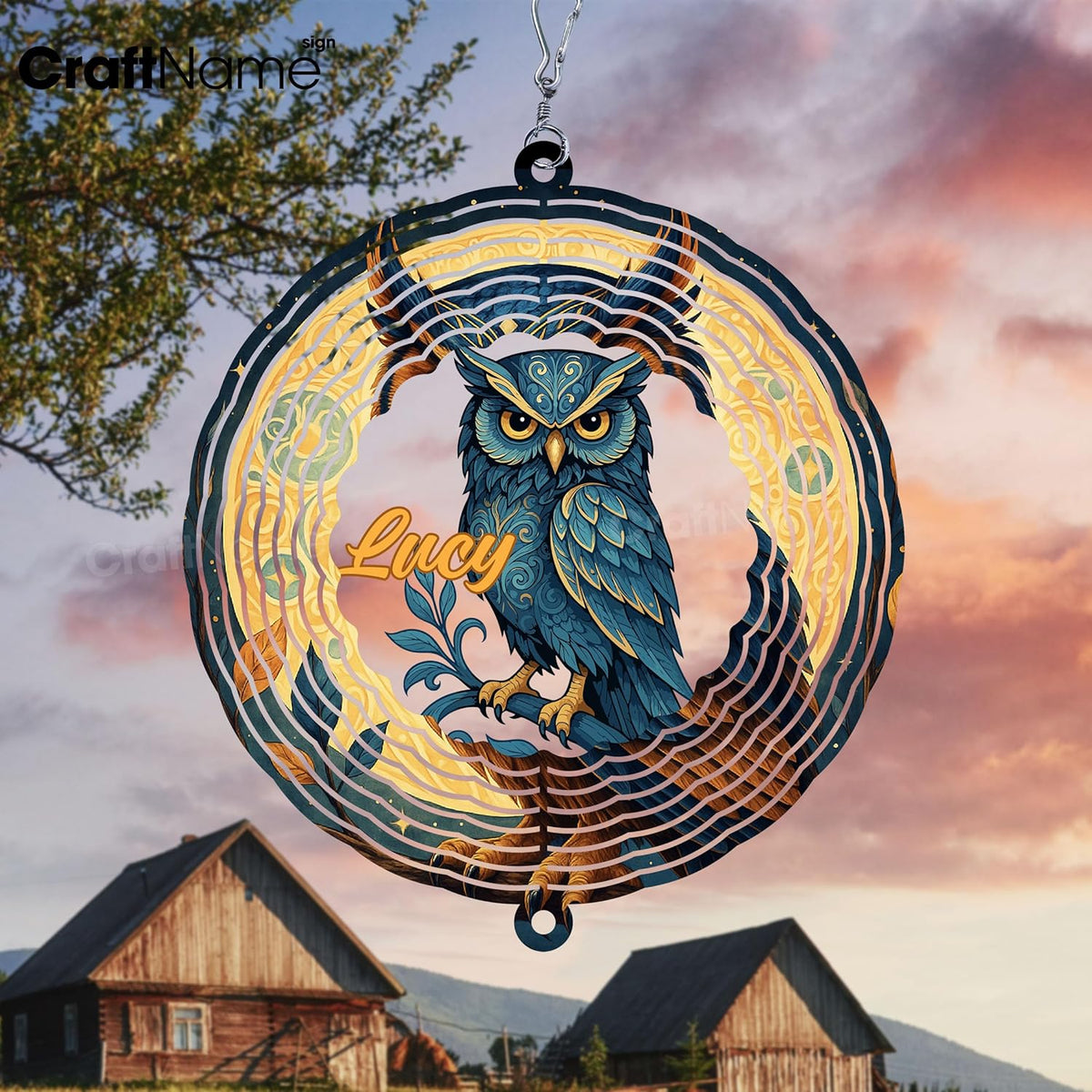 Personalized Owl Wind Spinner 3D Stainless Steel, Owl Garden Spinner Hanging Outdoor Decor, Wind