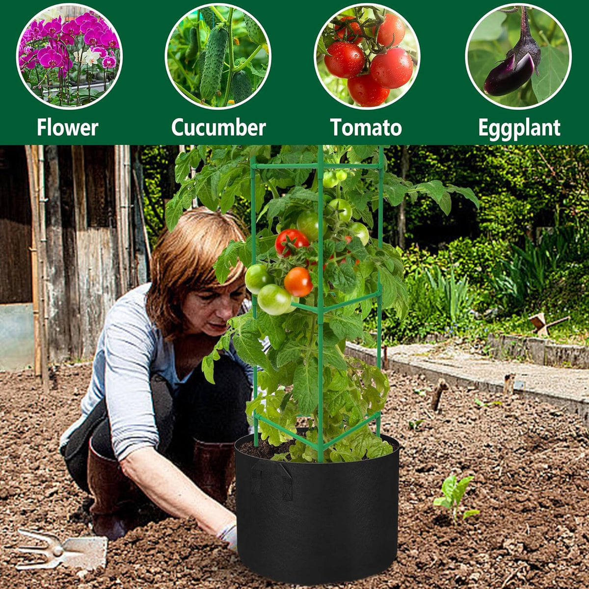 4 Packs 47 x 12 Inch Garden Tomato Cages with Grow Bags- Triangle Plant Support Trellis Assembled