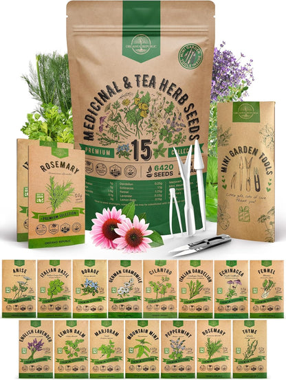 Organo Republic 15 Medicinal & Tea Herb Seeds Variety Pack 6,420+ Non-GMO Heirloom Garden Seeds for