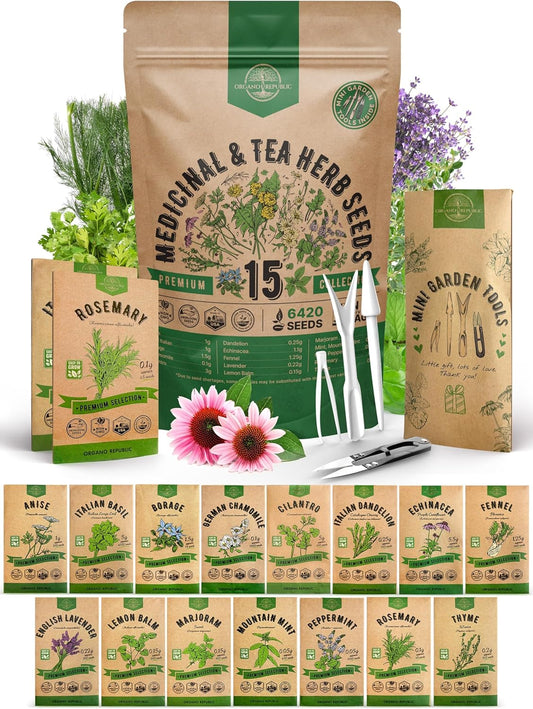 Organo Republic 15 Medicinal & Tea Herb Seeds Variety Pack 6,420+ Non-GMO Heirloom Garden Seeds for