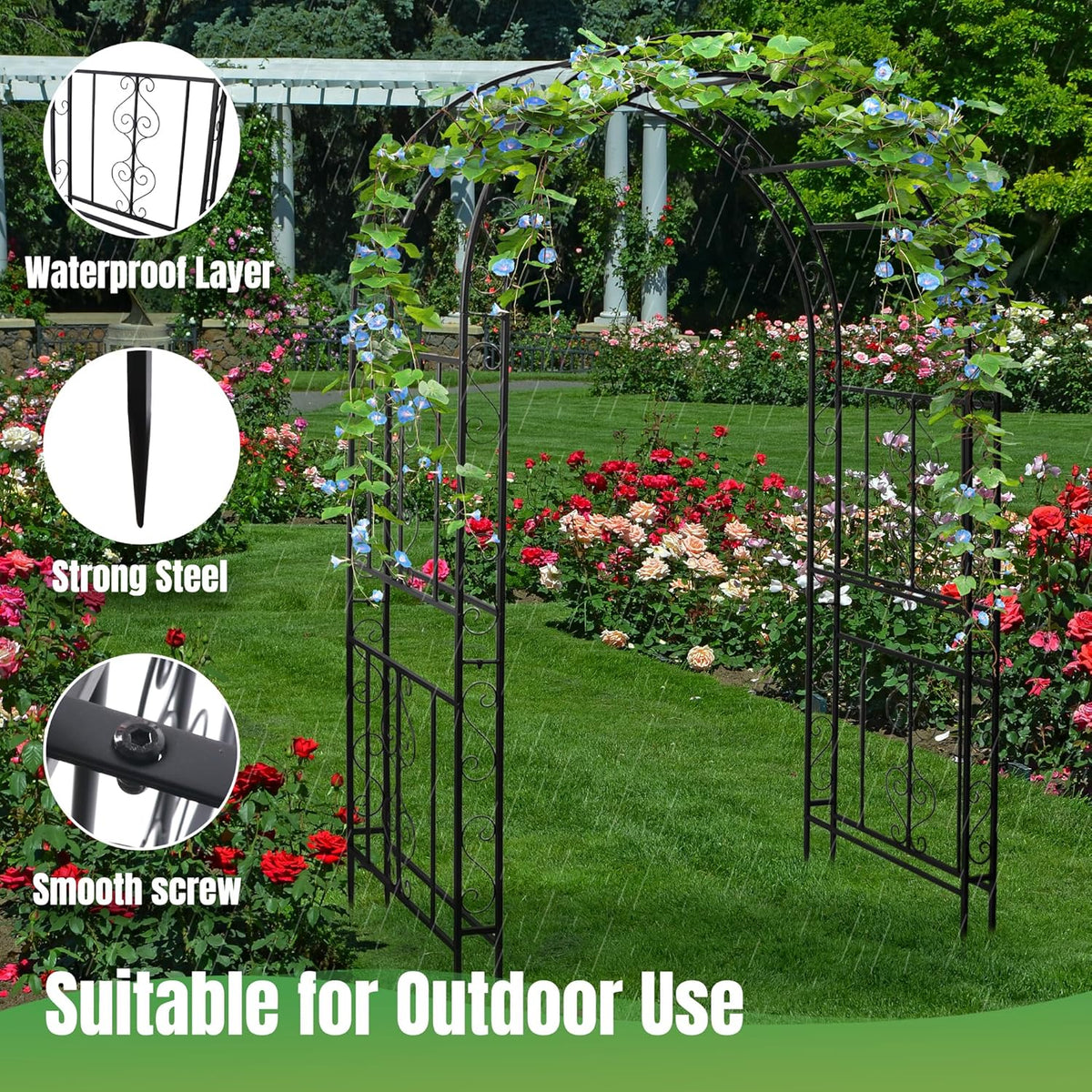 7FT Black Garden Arbor Trellis, Outdoor Metal Garden Arch for Climbing Plants Flowers Vines, Metal
