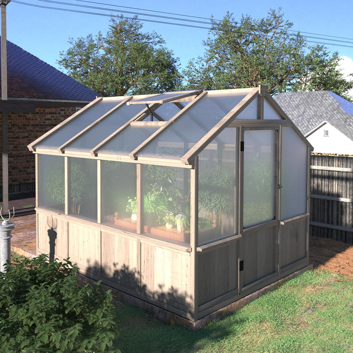 MUPATER 8' x 8' Wooden Polycarbonate Greenhouse with Ventilated Window & Lockable Door, 6mm