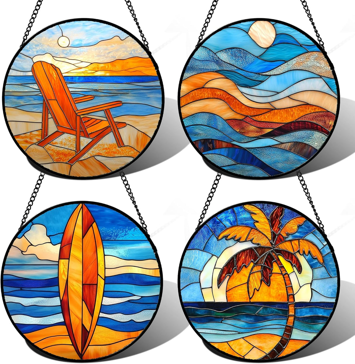 Stained Glass Window Hanging 4 Pcs Set Blue Orange Ocean Beach Theme 6.3" - Suncatcher Door Garden