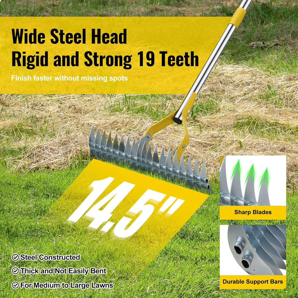 Garden Leaf Rake: Dual Function Thatching Rake for Lawn Dead Grass Leaves, Stainless Steel Heavy