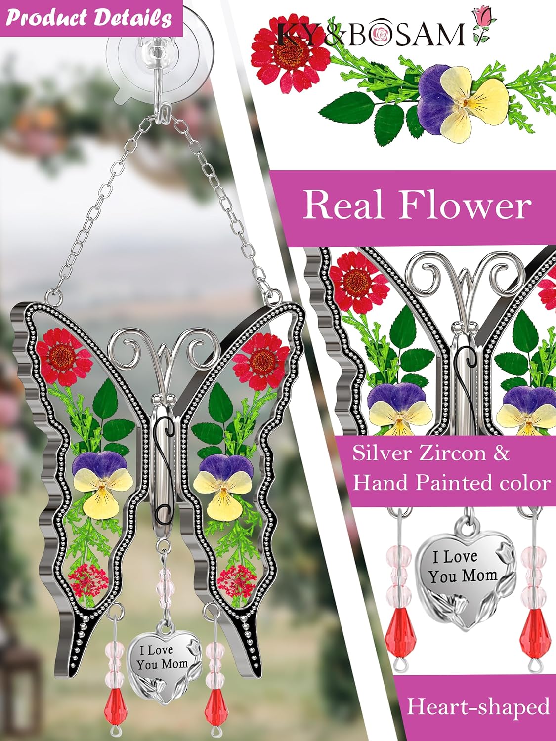 KY&BOSAM for Mom Suncatcher Butterfly Mother Gift I Love You Mom Stained Glass Suncatchers Hanging