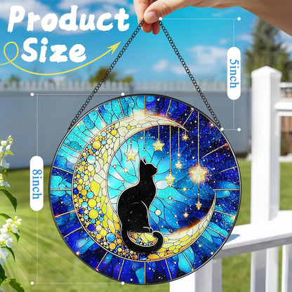 8 Inch Stained Glass Suncatcher Ornament, DOUHASU Black Cat Sun Catchers Indoor Window, Stained