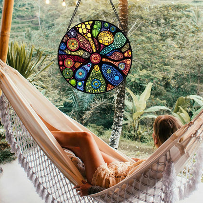 Stained Glass Window Hanging Colorful Abstract Plants 9.8" - Retro Boho Suncatcher Door Garden Sun