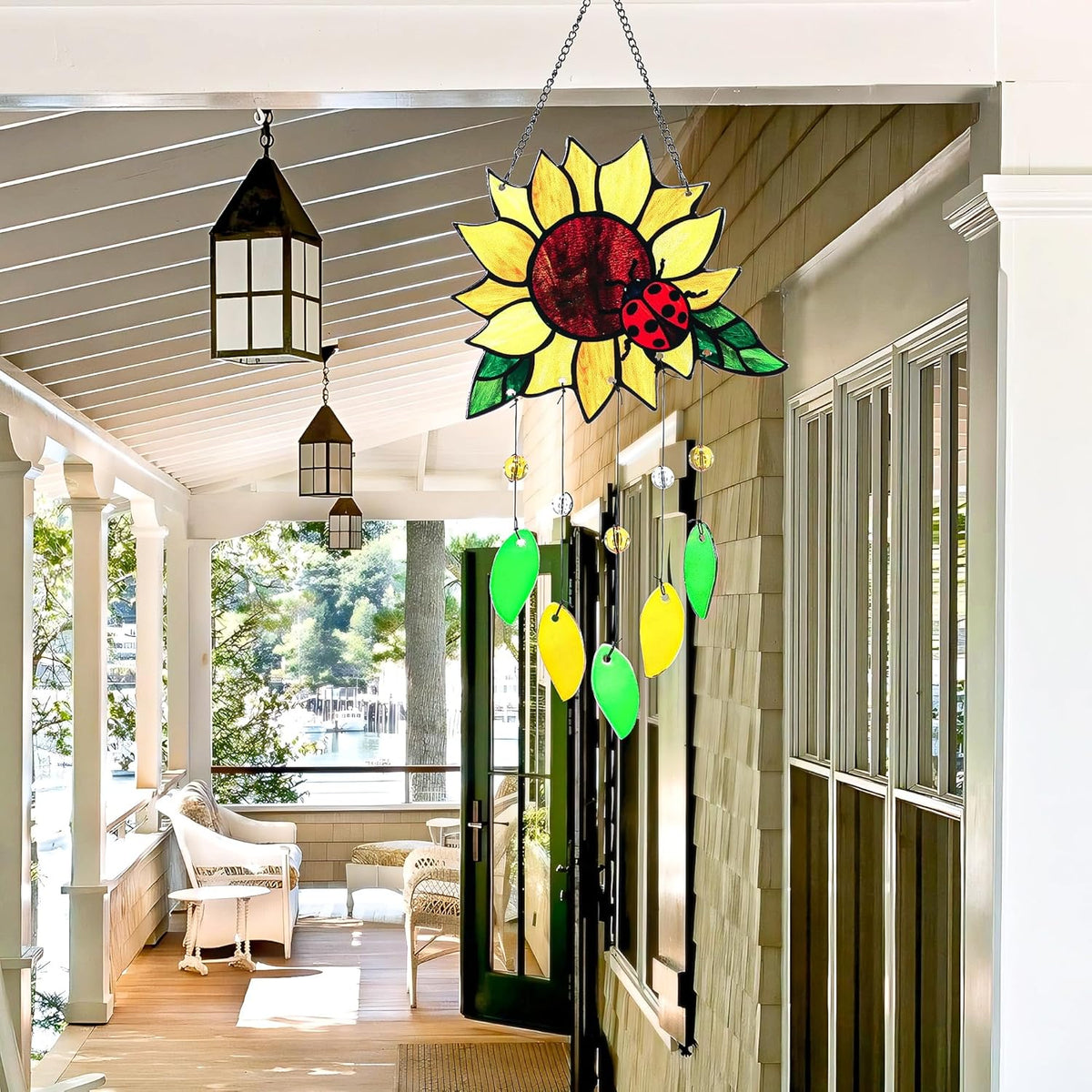 Stained Glass Suncatcher, Sunflower and Ladybug Window Hanging, 20 x 8 inches, Hand-Painted (Style