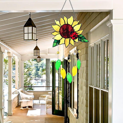 Stained Glass Suncatcher, Sunflower and Ladybug Window Hanging, 20 x 8 inches, Hand-Painted (Style
