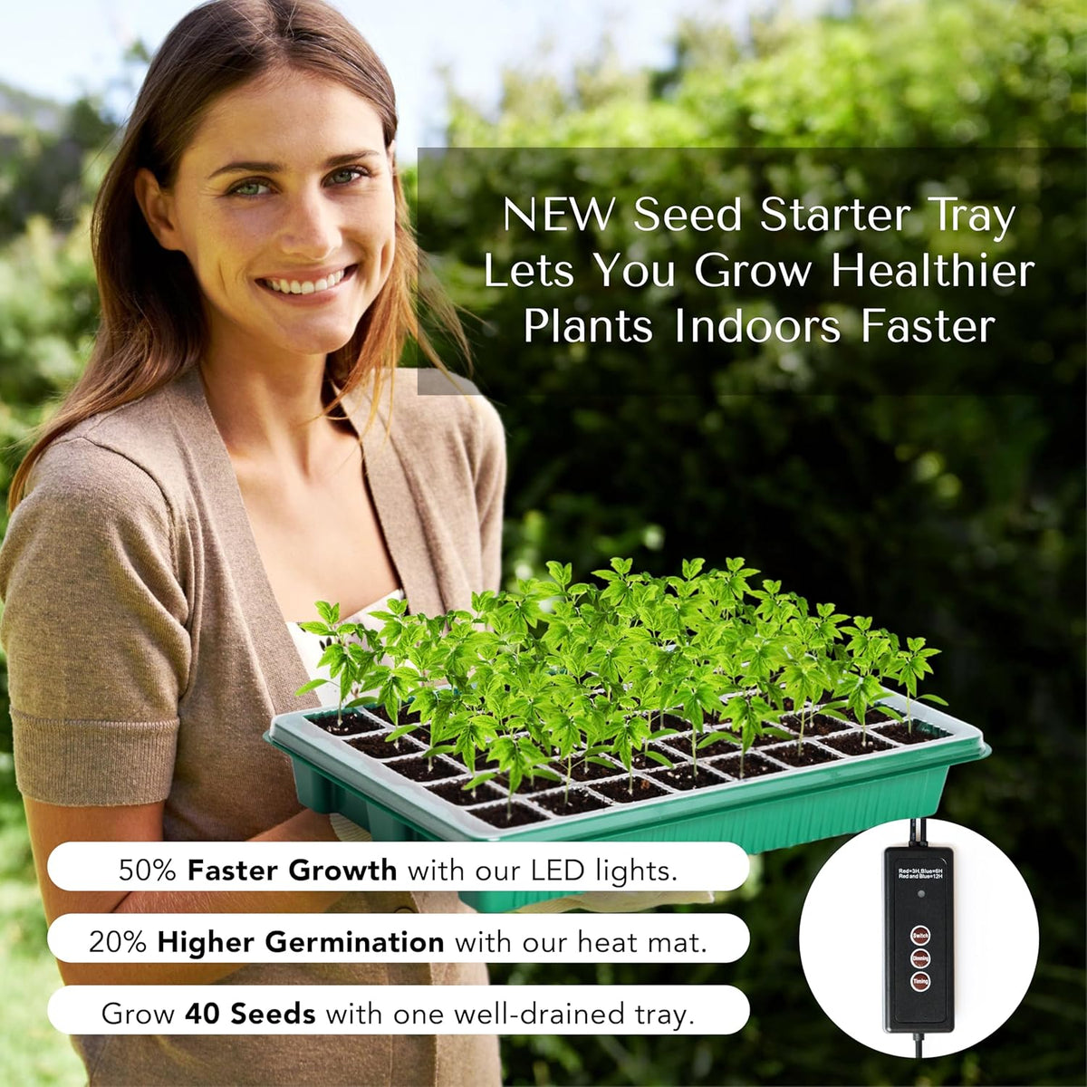 Upgraded Seed Starter Tray with Grow Lights and Heat Mat, 3-in-1 Soil Meter, & Sticky Gnat Traps