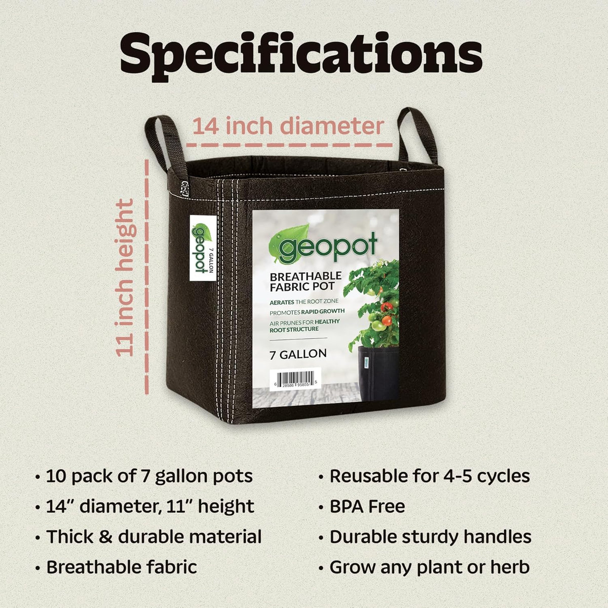 GeoPot 7 Gallon Fabric Grow Bags with Handles for Vegetables, Houseplants, Herbs & Flowers |5-Pack|
