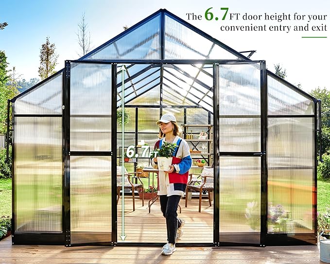 Jocisland 12x13.5x9 Polycarbonate Outdoor Aluminum Greenhouse - Quick Connect Fittings, 6.7 FT