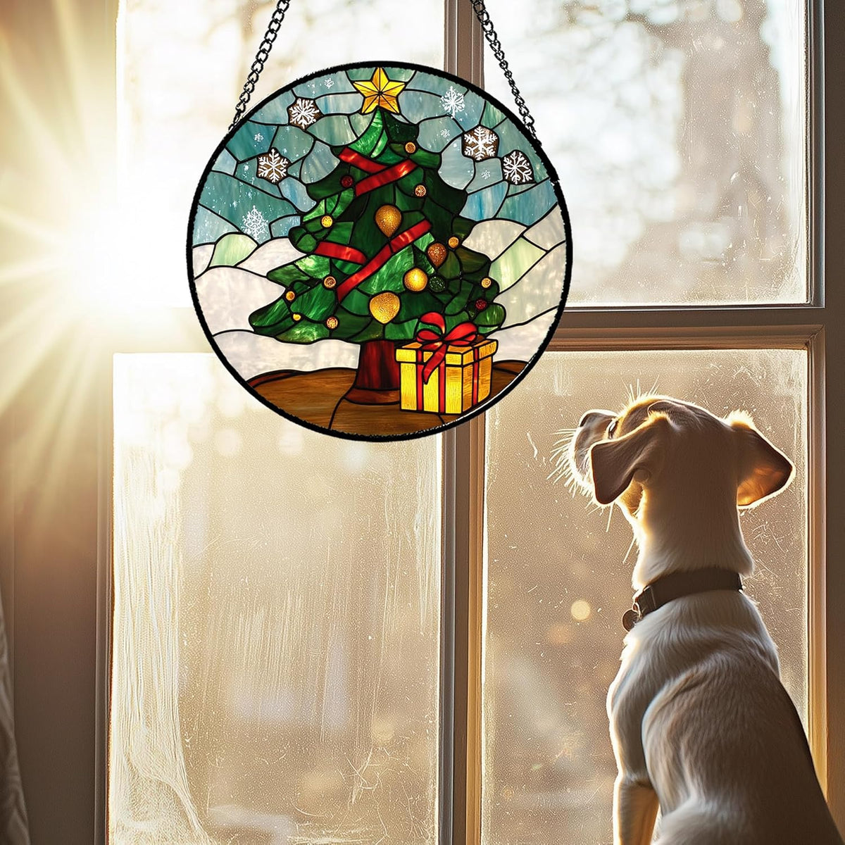 Stained Glass Window Hanging Green Christmas Tree Snowflake Large 11.8" - Suncatcher Door Garden