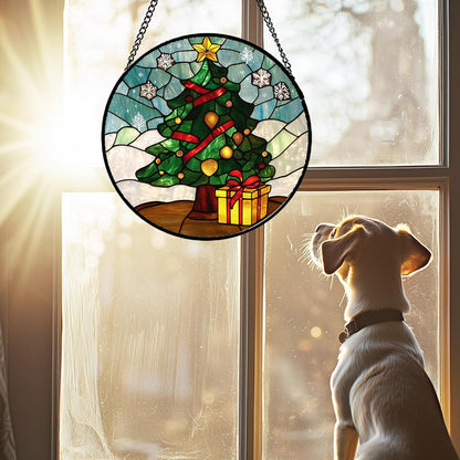 Stained Glass Window Hanging Green Christmas Tree Snowflake Large 11.8" - Suncatcher Door Garden