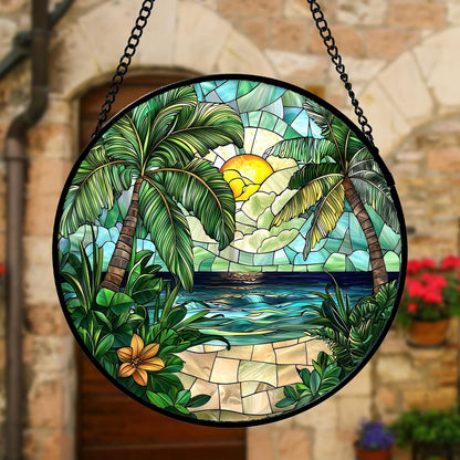 Stained Glass Window Hanging, Green Beach Scenery Suncatcher Diamond Glass Panel Hangings Sun