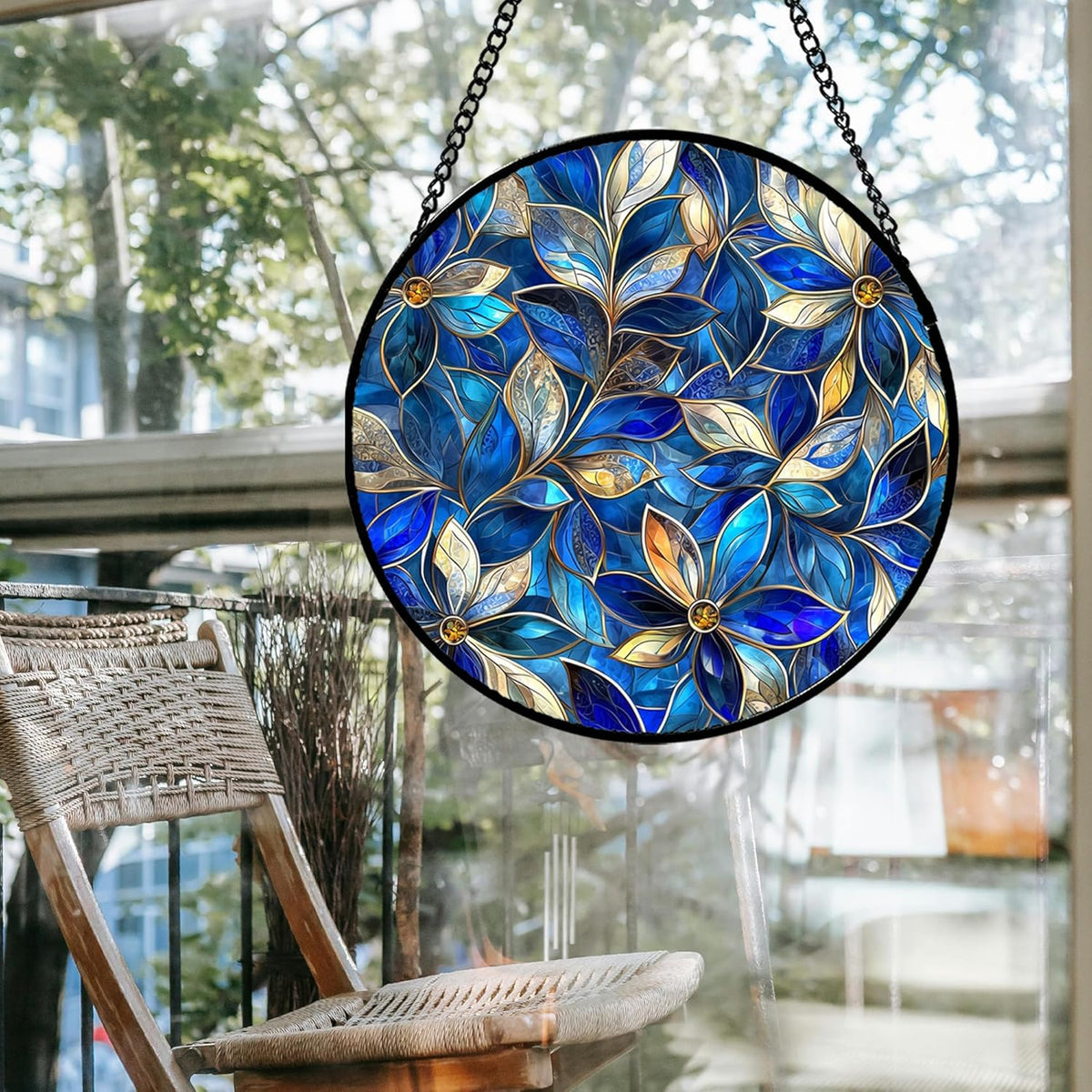 Stained Glass Window Hanging - Blue Gold Abstract Flowers Suncatcher for Door Terrace Garden Home