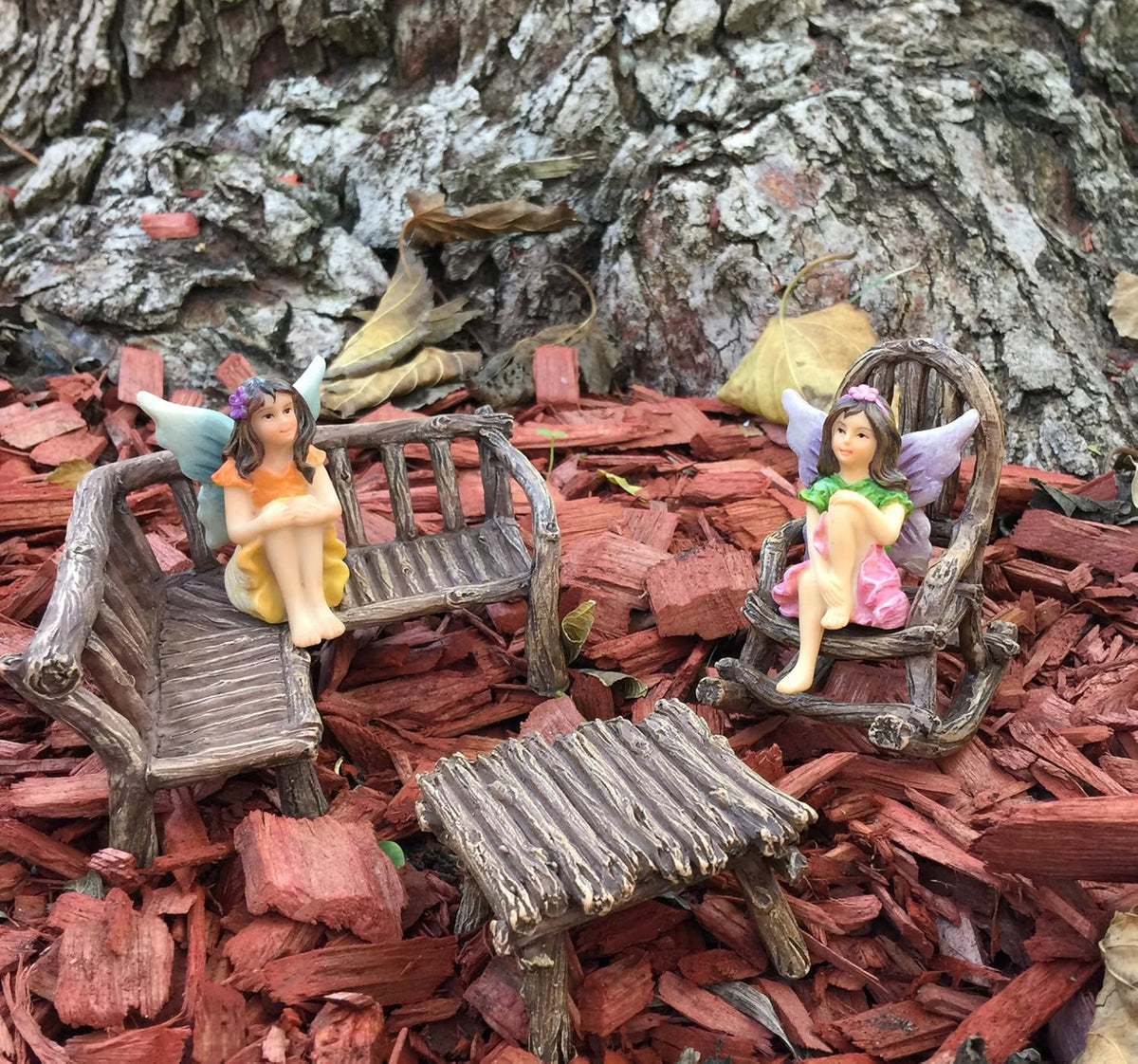 GlitZGlam Miniature Fairy Garden Furniture 3-Piece: Rustic Wood Bench, Rocking Chair and Miniature