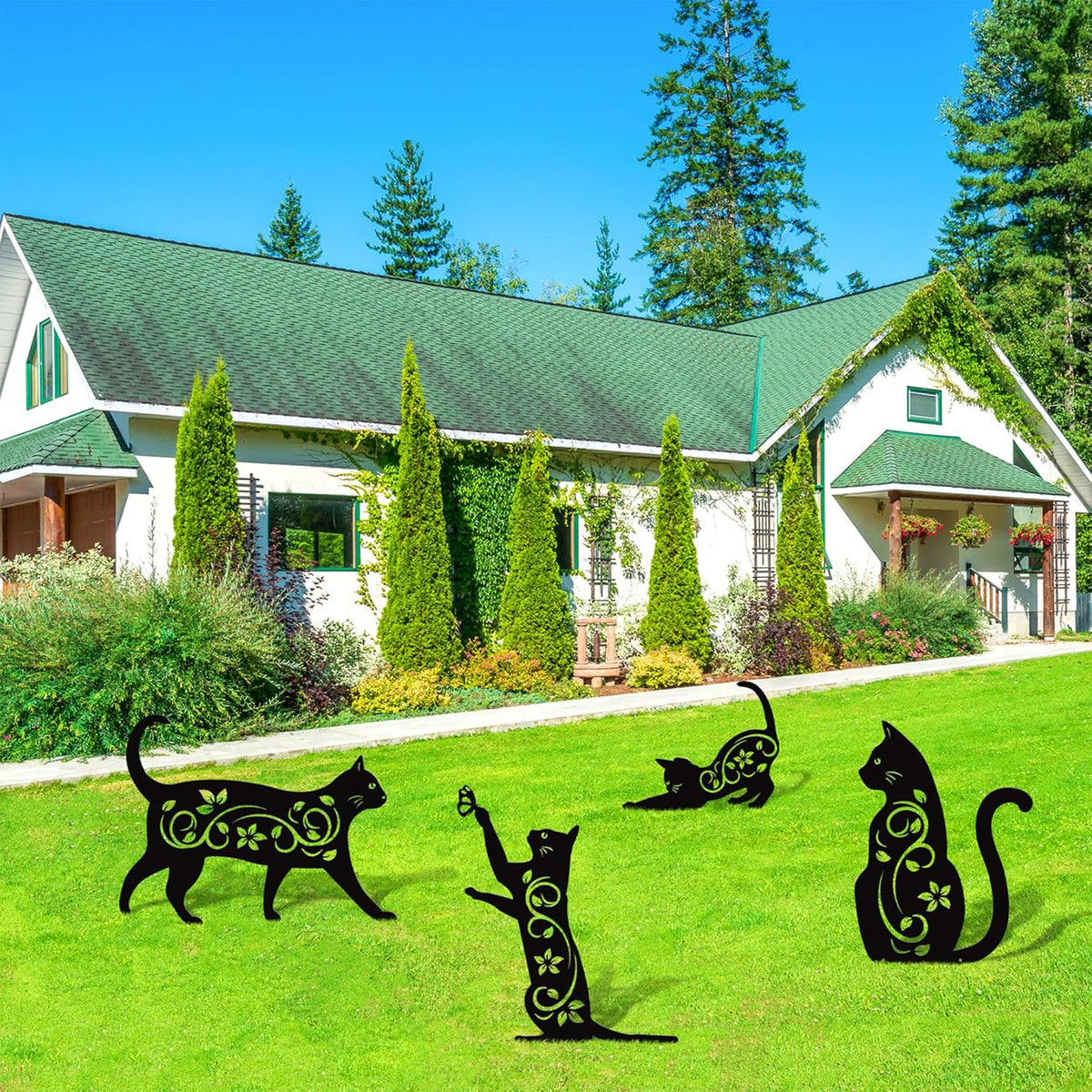 Elcoho 4 Pack Black Cat Silhouette Cute Metal Cat Garden Statues Bird Repellent Decorative Garden