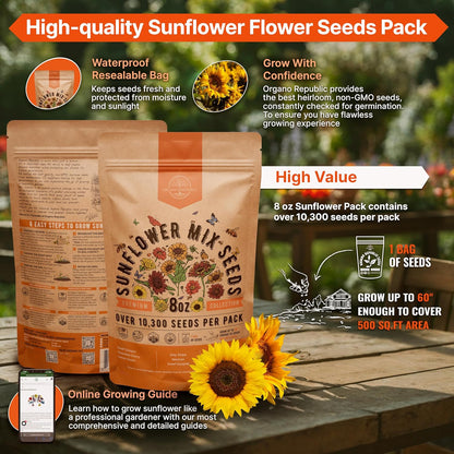 Sunflower Mix Seeds Pack 8 oz - Over 10,300 Non-GMO Heirloom Sunflower Seeds for Planting, Annual