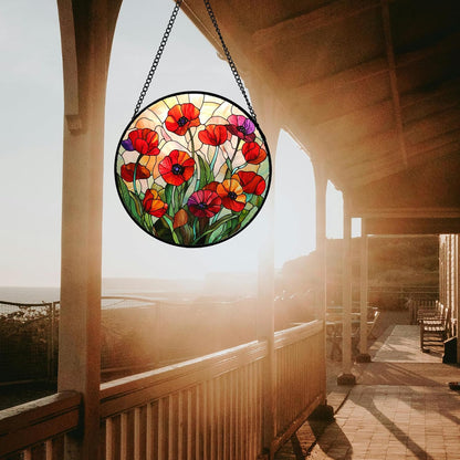 Stained Glass Window Hanging - Poppy Birth Flowers Suncatcher for Door Garden Yard Wildflowers Sun