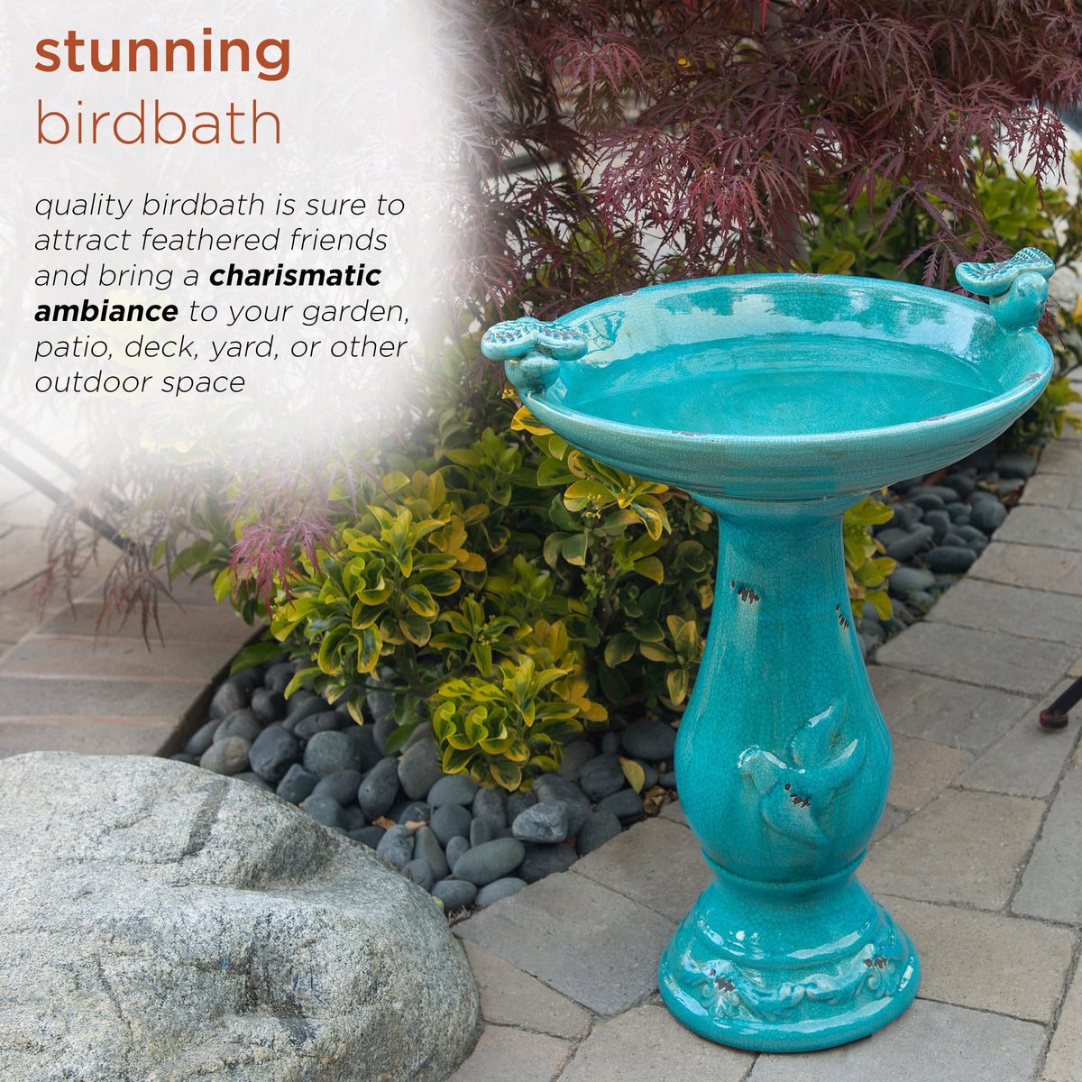 Alpine Corporation 25" Tall Outdoor Ceramic Antique Pedestal Birdbath with 2 Bird Figurines