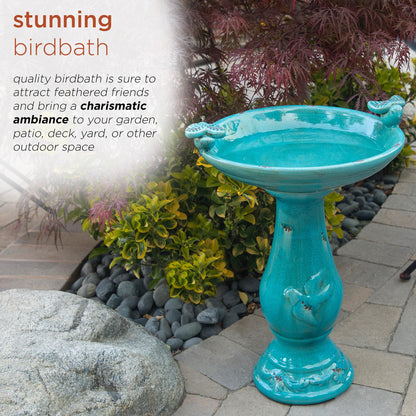 Alpine Corporation 25" Tall Outdoor Ceramic Antique Pedestal Birdbath with 2 Bird Figurines