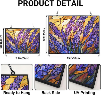 Rectangle Art Nouveau Morning Lavender Stained Glass Suncatcher Window Hangings, Suncatchers