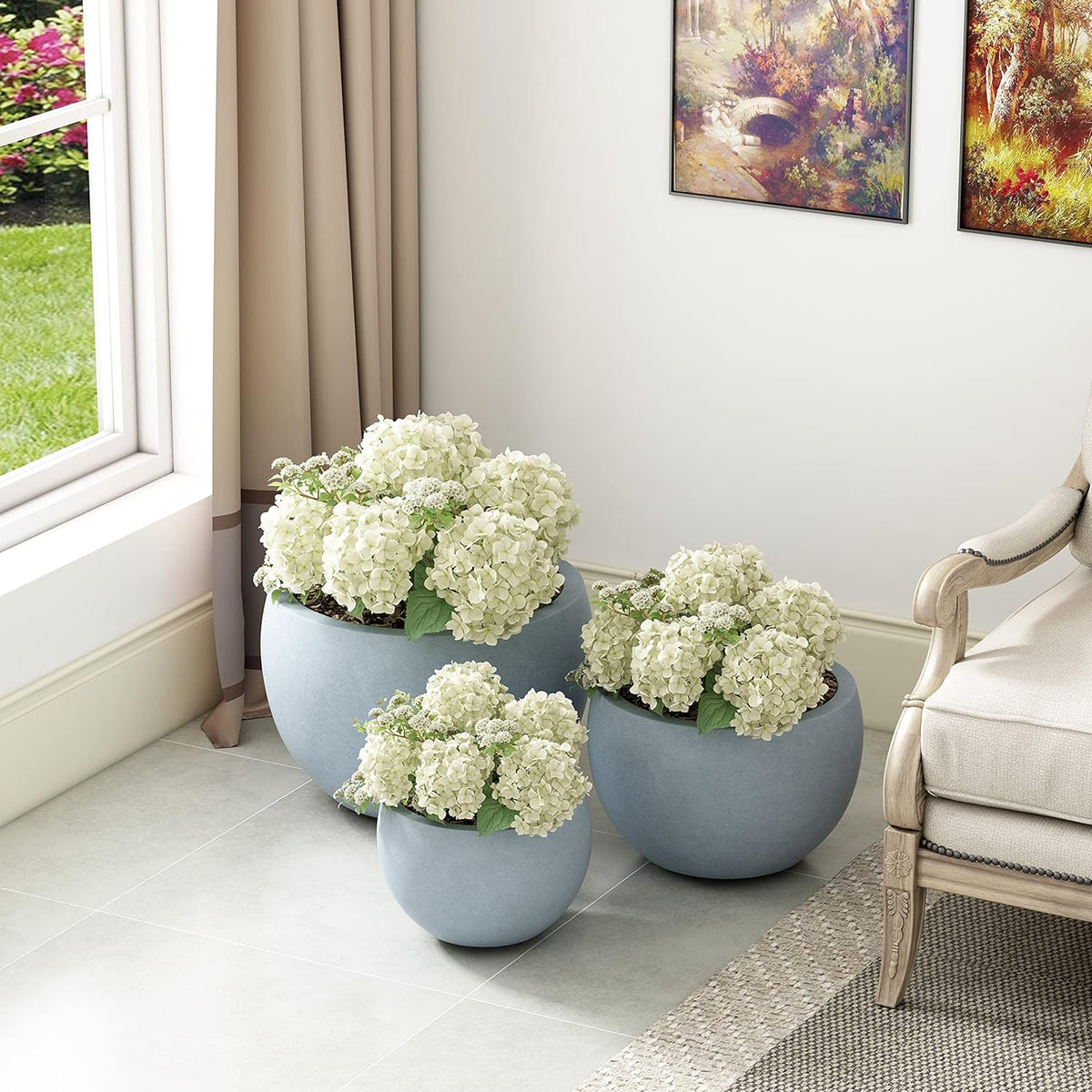 Kante 19.9",15.7",11.8" Dia Round Concrete Planter Set of 3, Outdoor/Indoor Large Bowl Plant Pots