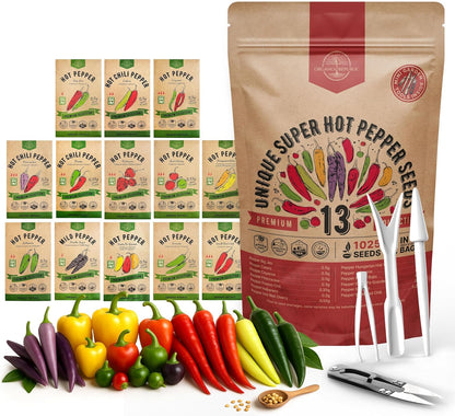 Organo Republic 13 Unique Super Hot Pepper Seeds Variety Pack - 1,020+ Non-GMO Heirloom Pepper