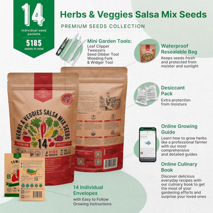 Organo Republic 14 Herbs & Veggies Salsa Mix Seeds Variety Pack - 5,180+ Non GMO Heirloom Herb