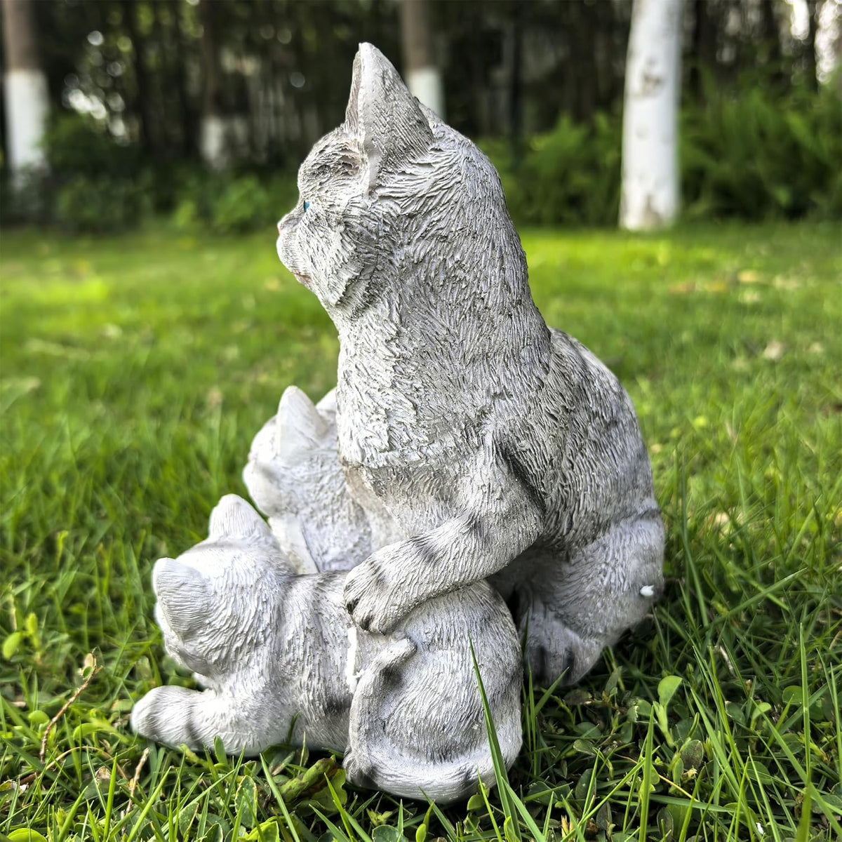 Mama Cat and Kitten Garden Statue,Outdoor Lawn Decorative Figurine Grey Cat Statue for Patio