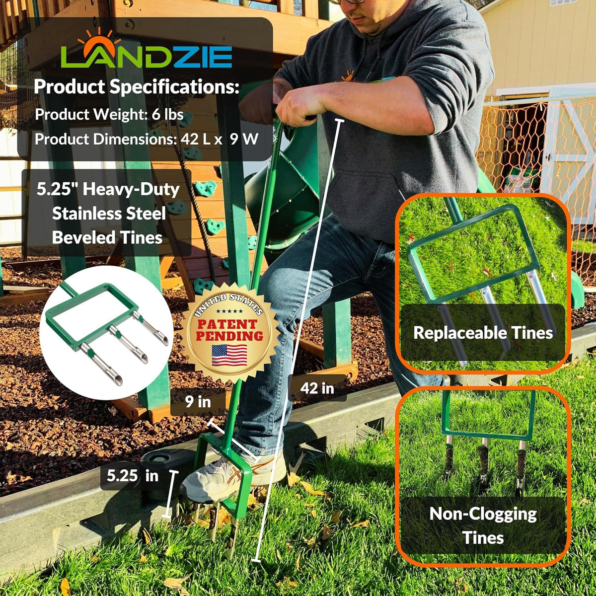 Landzie - The Original Hollow and Spike Tine Lawn Aerator Set - Includes 1 Aerator + Set of 3