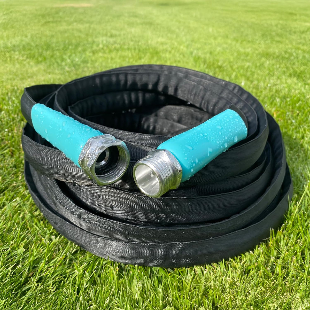 Flat Garden Hose (100 foot x 5/8 inch) Lightweight, Durable Fiber Jacket, Flexible & Kink Free