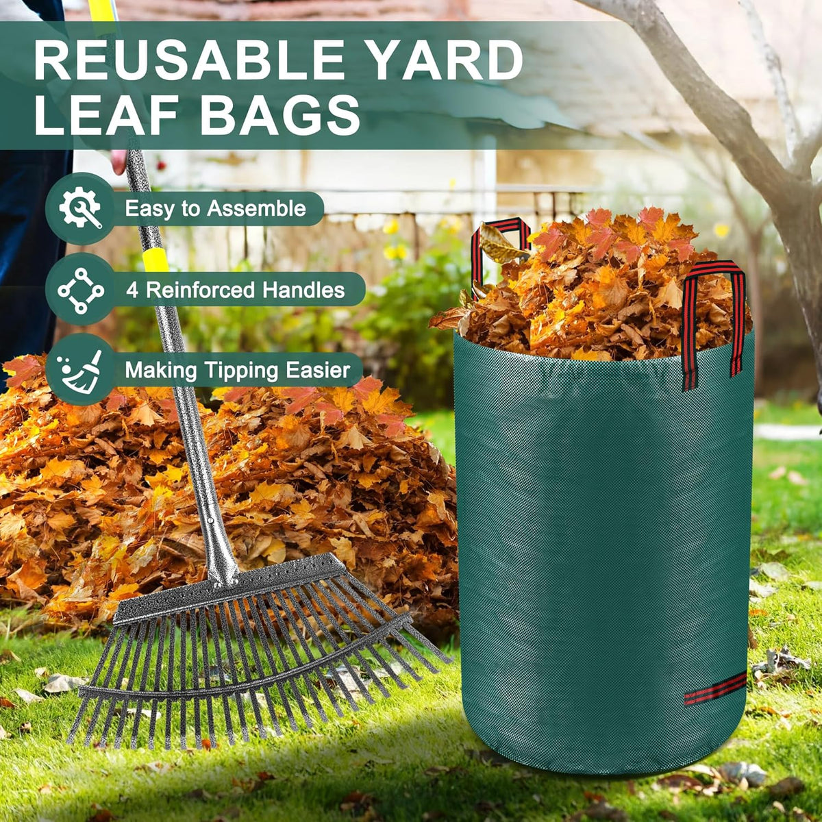 Adjustable Garden Leaf Rake Set, 18" Wide, 25 Tines, 37-79" Handle Metal Leaf Rake with 2 Pack 32