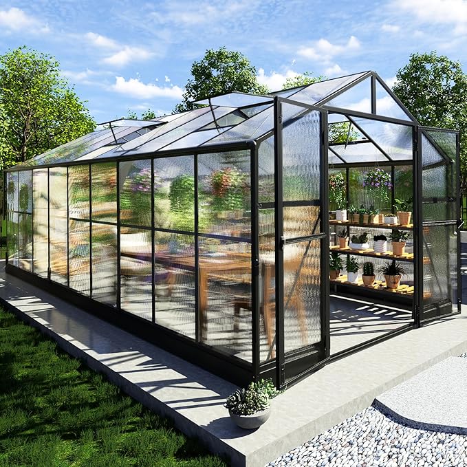 AMERLIFE 8x18x7FT Polycarbonate Greenhouse, Walk in Greenhouse with Quick-Connect System, Green