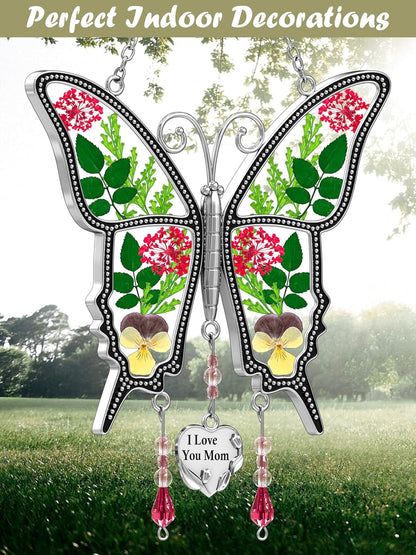 KY&BOSAM Butterfly Suncatcher for Windows Hanging I Love You Mom Stained Glass Wind Chimes Decor
