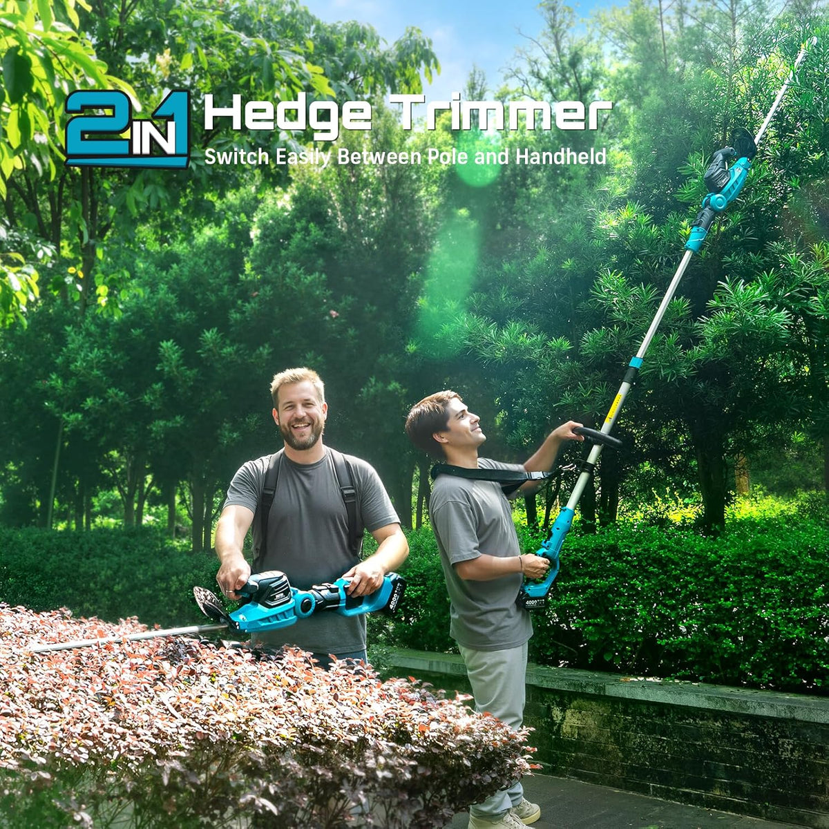 SEESII Pole & Cordless Hedge Trimmer 2-in-1: Electric Bush Trimmer with 20" Dual-Action Blade - 2