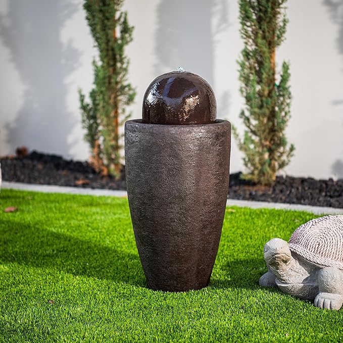 XBrand 25.98" H Round Stone Indoor/Outdoor Modern Stone Textured Sphere Water Fountain with LED