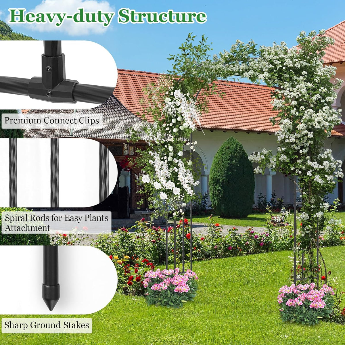 Happygrill Garden Arbor, 95" Metal Archway Pergola w/PE Wrapped Steel Pipes, Ground Stakes, Spiral