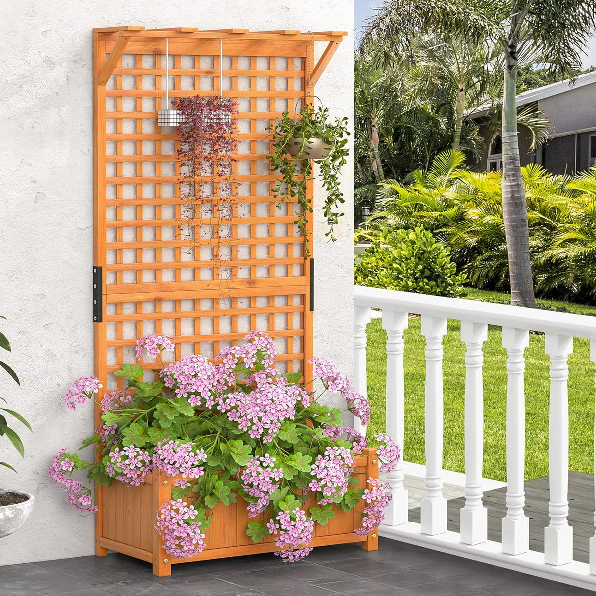 S AFSTAR Raised Garden Bed with Trellis, Wood Elevated Planter Box with Hanging Roof & Climbing