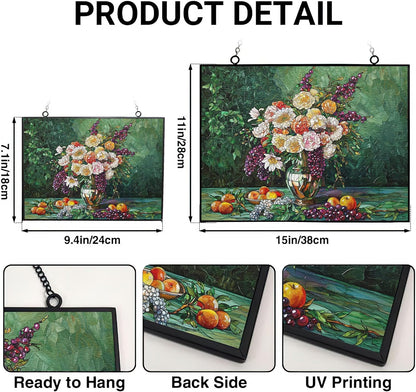Customized Rectangle Flower Vase with Fruit Stained Glass Window Hangings, Handcrafted Stained
