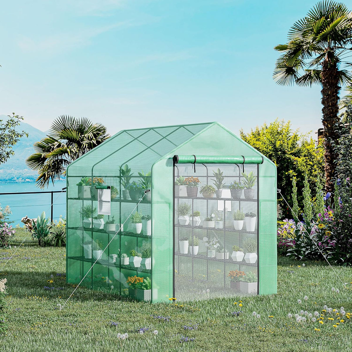 Outsunny 8' x 6' x 7' Walk-in Greenhouse with Mesh Door and Windows, 18 Shelf Green House with