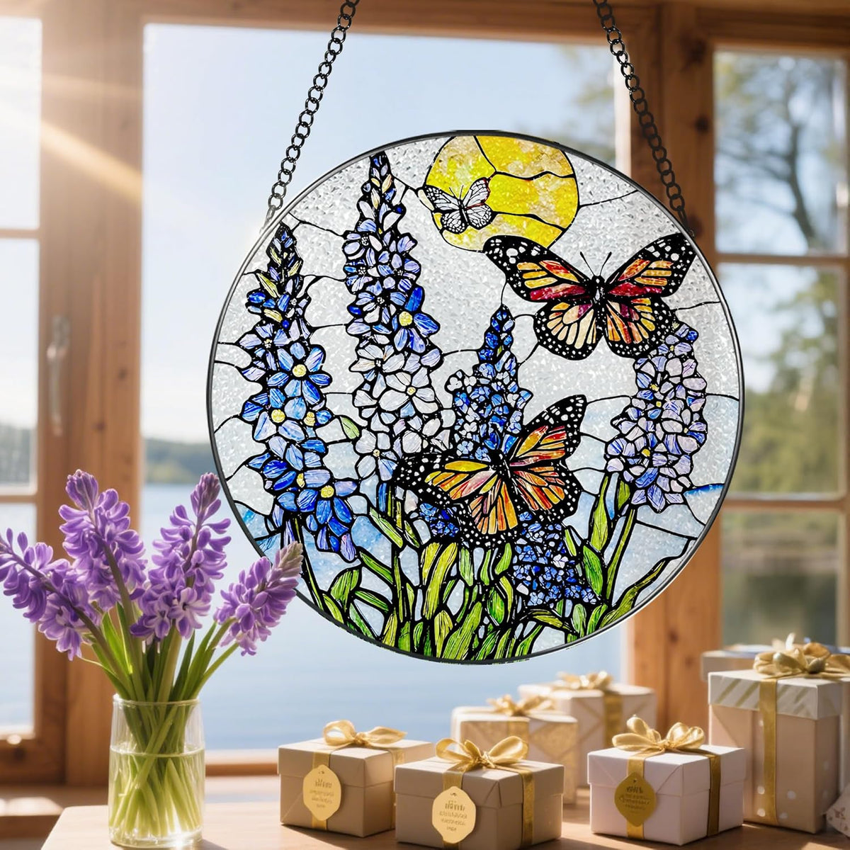 Stained Glass Window Hanging, 8 Inch Lavender & Butterfly Sun Catcher Decor, Stained Glass