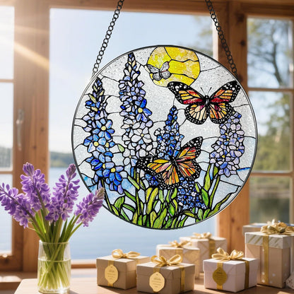 Stained Glass Window Hanging, 8 Inch Lavender & Butterfly Sun Catcher Decor, Stained Glass
