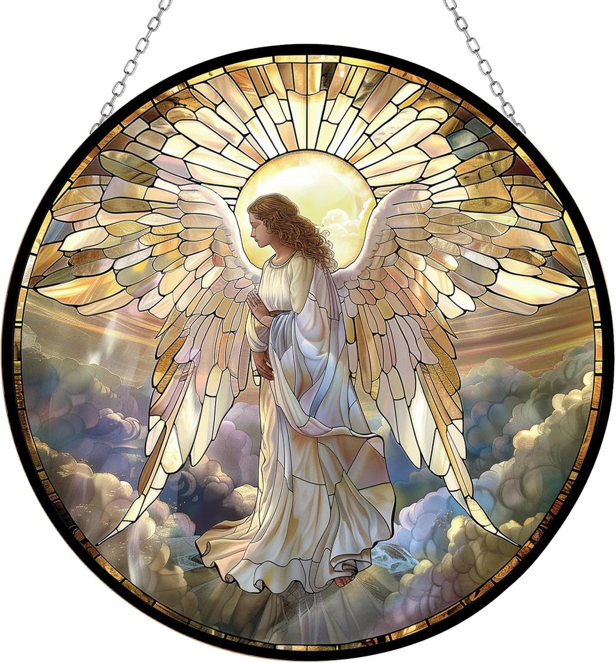 Angel Mushroom Stained Glass Window Hanging, 9.8’’Sun Catcher Glass Panel Boho Wall Art Decor with