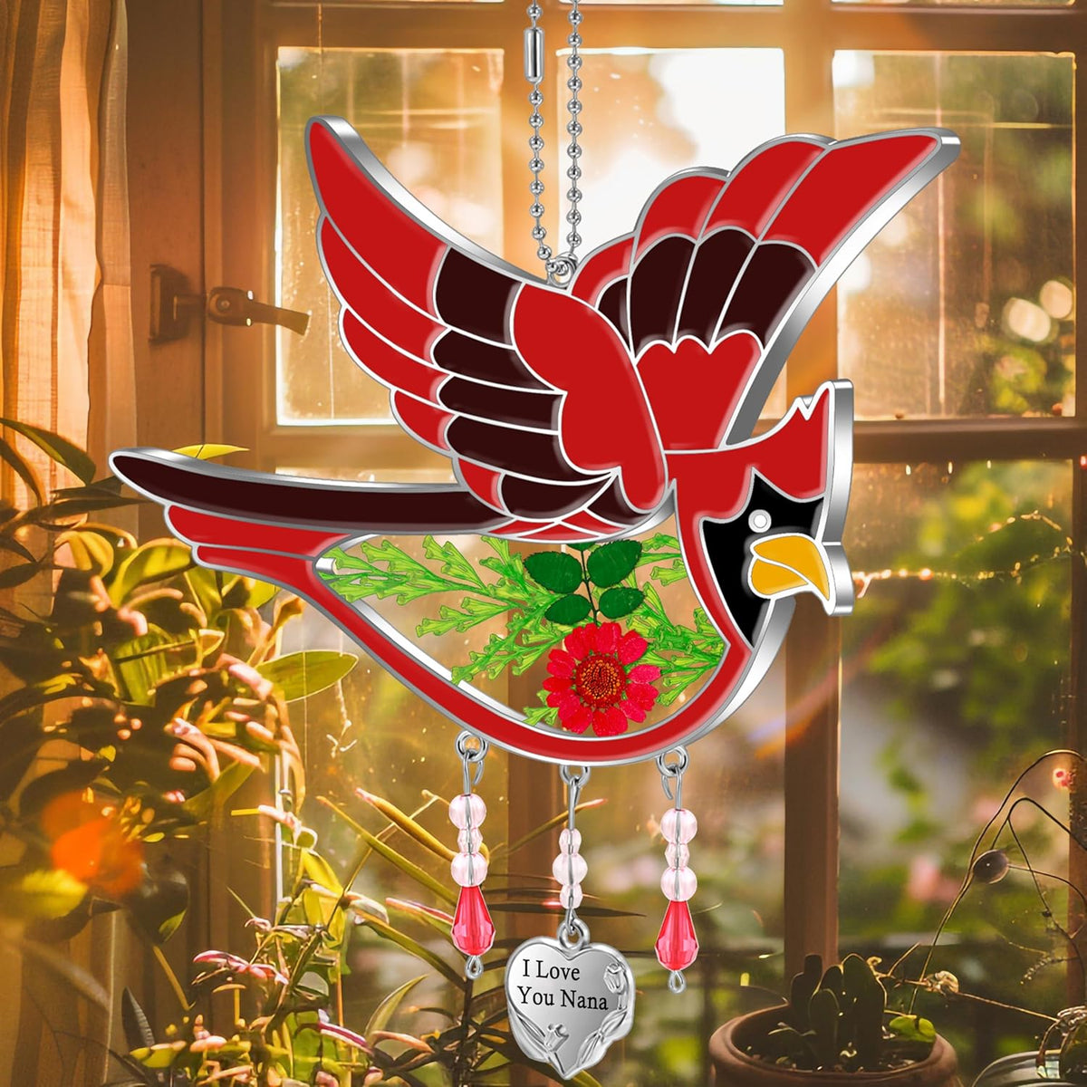 KY&BOSAM Cardinal Suncatcher Nana Gifts Stained Glass for Windows Hangings Wind Chime