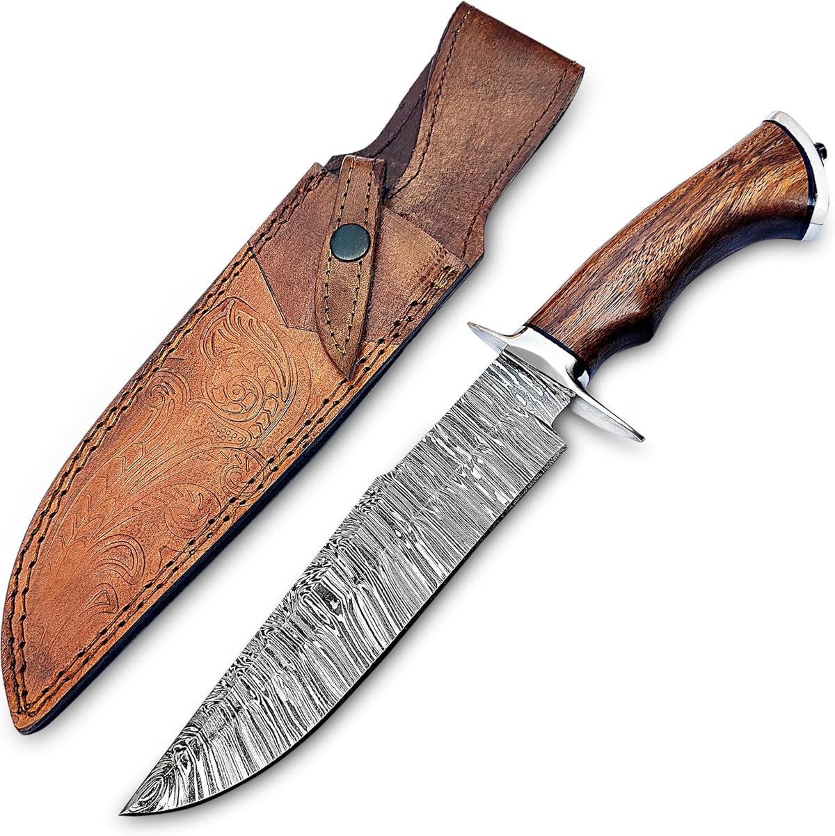 Handmade Damascus Bowie Knife 14″ Hunting Knife With Sheath - Fixed Blade Bushcraft Knife With Wood
